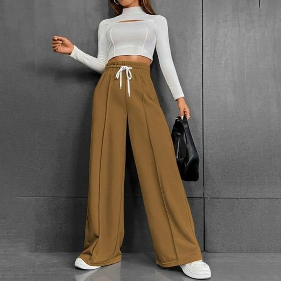 Hauaitttt Women's Solid Color Autumn and Winter Versatile Casual and Comfortable High Waisted Drawstring Wide Leg Casual Sweatpants Short Pants Women Casual Fall Work Clothes for Women Women Pants