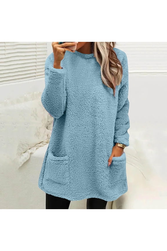 Women's Solid Color Autumn and Winter Warm Round Neck Long Sleeved Pocket Casual Sanitary Dress Ladies Athletic Vest Alt Oversized Sweatshirt Sweater Solid Zipper Hooded Warm Coat Ladies