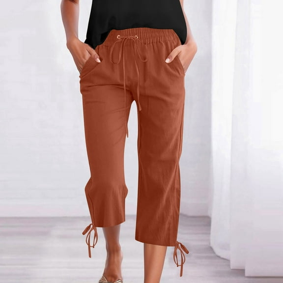 Hauaitttt Women's Solid Color Drawstring Cropped Linen Pants Casual Capri TrousersTrousers Casual Pants for Women for Work Tall Womens Work Pants Business Casual Women Workout Pants Casual Summer