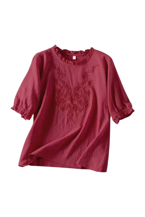 Women's Solid Color Linen Casual Half Sleeve T Shirt Bohemian Embroidered Ruffle Sleeves Top for Belly Womens Raglan Mom Womens Shirts Long Sleeves Long Sleeves Shirt Long Sleeve Shirts for