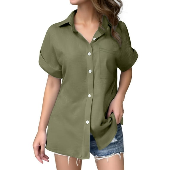 Hauaitttt Women's Solid Color Linen Short Sleeve Casual Loose Shirt Athletic Tops for Women Loose Fit Ladies Football Shirts Womens Top Extra Long Tech Apparel Shirts for Women Casual Long Sleeve