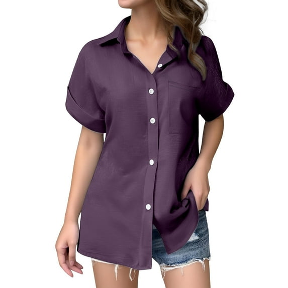 Hauaitttt Women's Solid Color Linen Short Sleeve Casual Loose Shirt Athletic Tops for Women Loose Fit Ladies Football Shirts Womens Top Extra Long Tech Apparel Shirts for Women Casual Long Sleeve