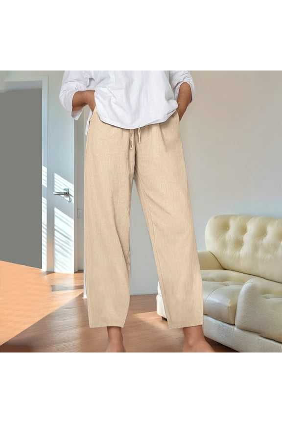 Women's Solid Color Loose Comfort and Linen Drawstring Elastic Waist Pocket Straight Leg Trousers Casual Pants Womens Casual Pants Petite Short Casual Pants Women Tall Cute Pants for Women