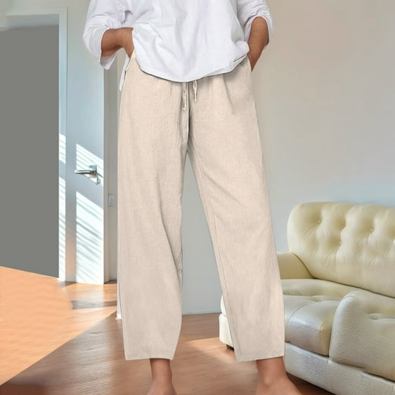 Hauaitttt Women's Solid Color Loose Comfort and Linen Drawstring Elastic Waist Pocket Straight Leg Trousers Casual Pants Womens Casual Pants Petite Short Casual Pants Women Tall Cute Pants for Women