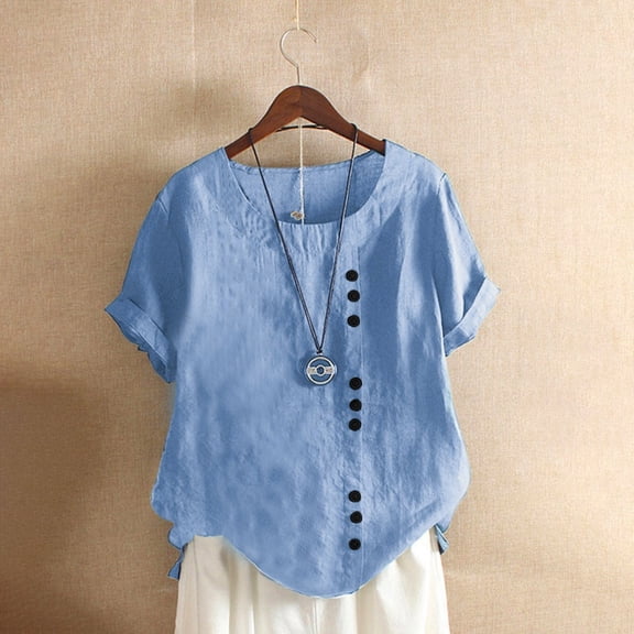 Hauaitttt Women's Solid Color Round Neck Raglan Sleeve Hem Slit Loose Short Sleeve Button Decoration Casual Tops T Shirt Women S Summer Shirts Solid Color Tops for Women Short Sleeve Womens Tennis