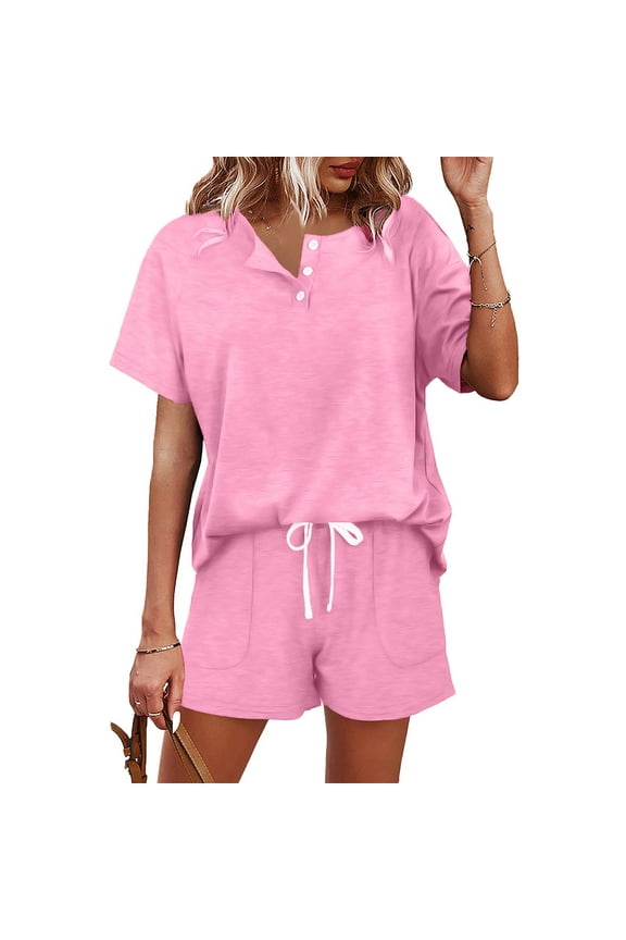 Women's Solid Color Short Sleeved Shorts Casual Set Button Drawstring Tie up Sportswear Beach Swim Body Suit plus Size Bikini Cover Control Top Swim Shorts Bathing Suit Top Swim Suite Cover