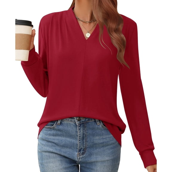 Hauaitttt Women's Solid Color V Neck Long Sleeve Blouse with Ruffled Shoulder Casual Stylish Fall Winter Top Short T Shirt Plain Long Sleeve Shirt Women Walking T Shirts Women Athletic Tops for Women