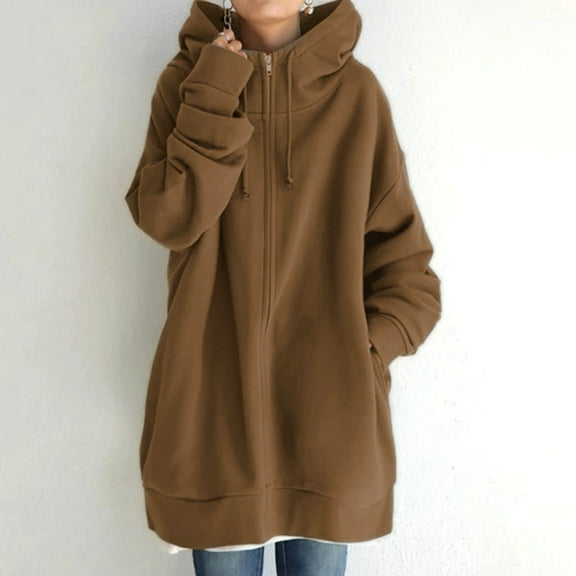Hauaitttt Women's Solid Color Zippered Hooded Longline Lined Streetwear Pullover Jacket Extra Long Hoodies Women Long Sleeve Drawstring Top L Hoodie Zipper Hoodies for Women Women's Hoodies Pullover