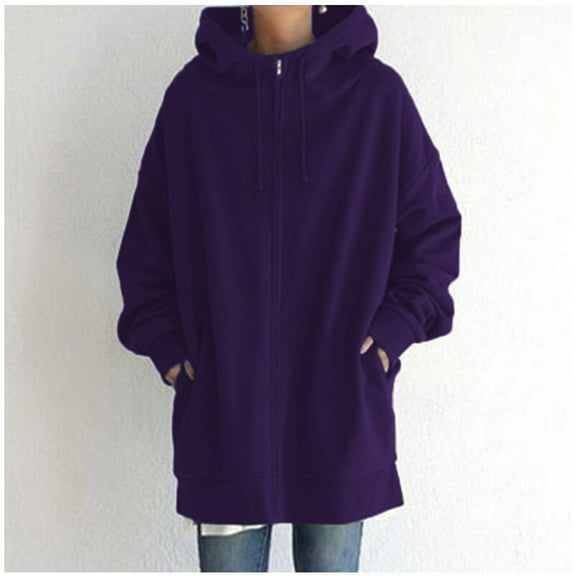 Hauaitttt Women's Solid Color Zippered Hooded Longline Lined Streetwear Pullover Jacket Extra Long Hoodies Women Long Sleeve Drawstring Top L Hoodie Zipper Hoodies for Women Women's Hoodies Pullover