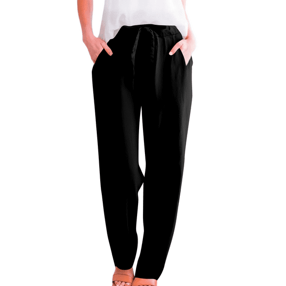 Hauaitttt Women's Solid Linen Casual Pants with Drawstring Elastic Waist Slim Fit Tapered Long Trousers Harem Pants for Women Casual Pants for Women Long Women's Sweatpants Linen Pants Women Stretchy