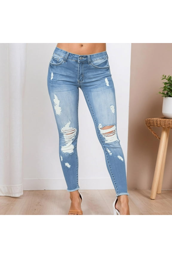 Women's Solid Skinny Ripped Fashion Dressy Casual Loose Fit Jeans 18 Tall Womens Jean Overalls for Women Pants High Jean Pants for Women Womens Designer Pants Denim Waist Jean Pants Women