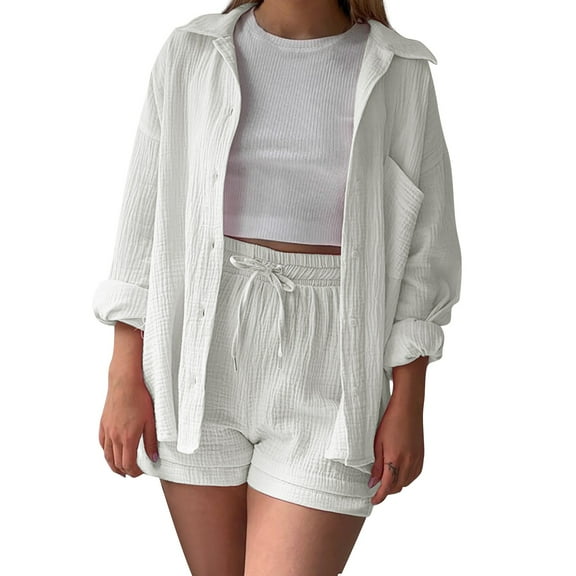 Hauaitttt Women's Solid Spring Collar Long Sleeve Shirt High Waist Drawstring Shorts Large Fashion Casual Set Bathing Suits Shorts Shorts Suit for Women Casual Summer Women Long Beach Shorts