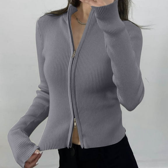 Hauaitttt Women's Stand up Collar Striped Double Zip Sweater Sweater Jacket Tight Stretch Top Girls down Winter Jacket Ladies Cardigan Long Coats Women Sweater with Leopard Heart Long Coats for Women