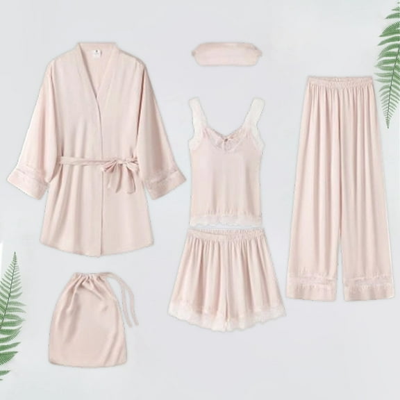 Hauaitttt Women's Style Striped 4 Piece Sleepwear Set Petite Pajamas Bridal Pajamas Women Set Christmas Pajama Set Women Satin Set Womens Petite Pajamas Set Bridal Getting Ready Outfit Pajama Set for