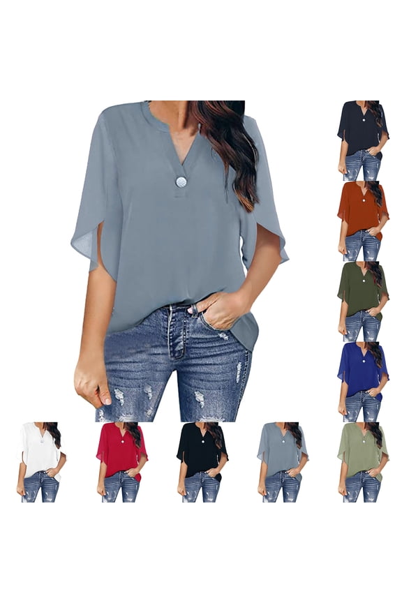 Women's Summer Dressy Chiffon Blouses Flutter Sleeve Blouse Tops V Neck Tops Womens T Shirt Size S-3XL