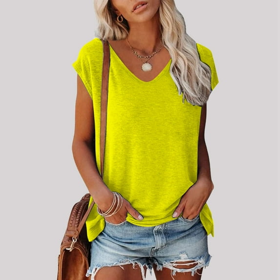 Hauaitttt Women's Summer Fashion Casual V Neck Low Neckline Short Sleeved Solid Color Printed Loose T Shirt Top Womens Athletic Tee Shirts Loose Fit Athletic Tops for Women Womens Long Sleeve