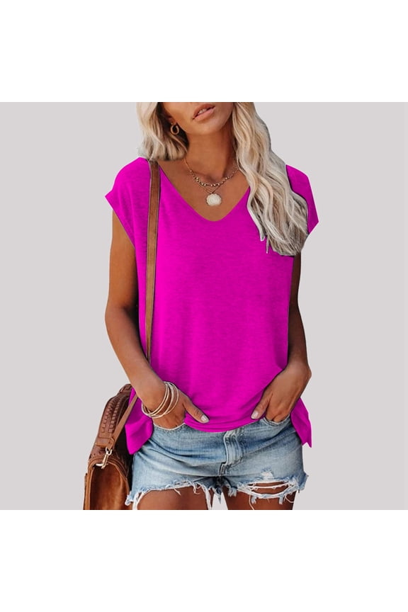 Women's Summer Fashion Casual V Neck Low Neckline Short Sleeved Solid Color Printed Loose T Shirt Top Womens Athletic Tee Shirts Loose Fit Athletic Tops for Women Womens Long Sleeve