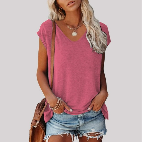 Hauaitttt Women's Summer Fashion Casual V Neck Low Neckline Short Sleeved Solid Color Printed Loose T Shirt Top Womens Athletic Tee Shirts Loose Fit Athletic Tops for Women Womens Long Sleeve