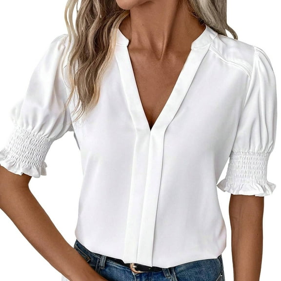 Hauaitttt Women's Summer New V Neck Style Sleeves Solid Color Top Long Sleeve Polyester Spandex Layering Long Sleeve Shirt Women Casual Womens Tops Short Sleeve Women Shirt Polyester Spandex Active