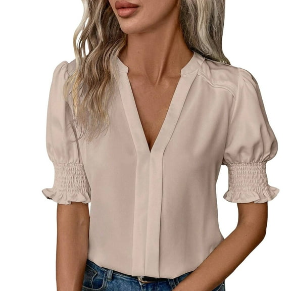 Hauaitttt Women's Summer New V Neck Style Sleeves Solid Color Top Long Sleeve Polyester Spandex Layering Long Sleeve Shirt Women Casual Womens Tops Short Sleeve Women Shirt Polyester Spandex Active
