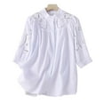 thumbnail image 1 of Hauaitttt Women's Summer Solid Linen Shirt Mandarin 3/4 Sleeves Embroidered Cutout Loose Casual Linen Top Exercise Shirts Women Pack Running Tops Fashion Shirt Women Womens Athletic Tee Shirts Medium, 1 of 5