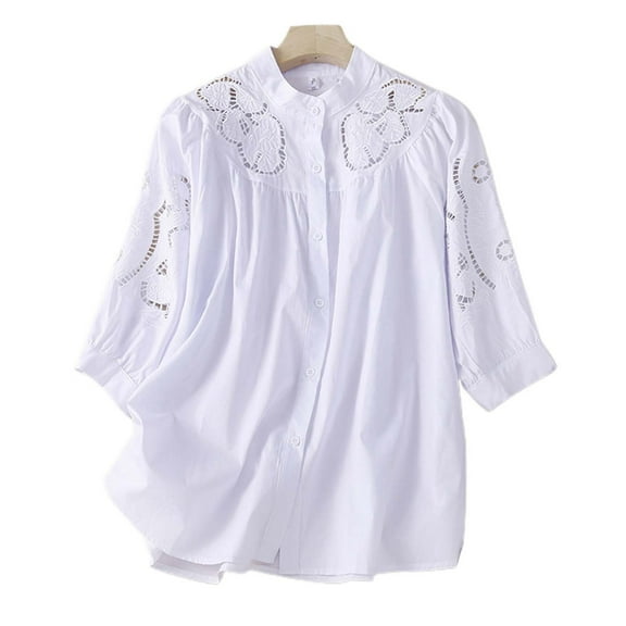 Hauaitttt Women's Summer Solid Linen Shirt Mandarin 3/4 Sleeves Embroidered Cutout Loose Casual Linen Top Exercise Shirts Women Pack Running Tops Fashion Shirt Women Womens Athletic Tee Shirts Medium