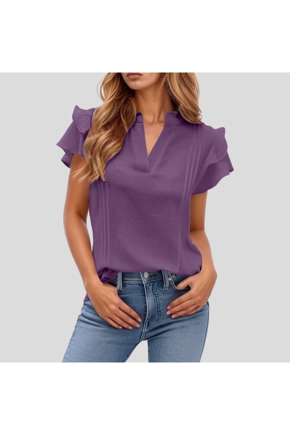 Women's V Neck Casual Double Layer Ruffled Sleeve Solid Top Raglan Shirts for Women Long Sleeve T Shirt Women Trendy Striped Womens T Shirt Short Sleeve Shirts for Woman Long Sleeve