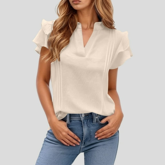 Hauaitttt Women's V Neck Casual Double Layer Ruffled Sleeve Solid Top under Scrub Women Long Sleeve Shirts Plain Workout Shirts Women Long Sleeve Casual T Shirt Women Dark Shirt for Women Striped