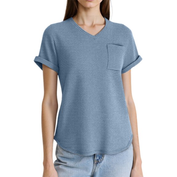 Hauaitttt Women's V Neck Short Sleeve Knit T Shirt with Pockets Stylish and Comfortable for Summer Women's Casual Shirts Medium Shirt Womens Active Short Sleeve Shirts for Women Tall Workout Tops T