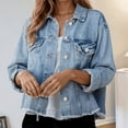 thumbnail image 1 of Hauaitttt Women's Washed Denim Jacket with Edges Denim Jacket with Sleeves Washed Denim Jacket Violin Jacket Womens Stretch Denim Jacket Distressed Denim Jacket for Women Pleated Back Denim Jacket, 1 of 5