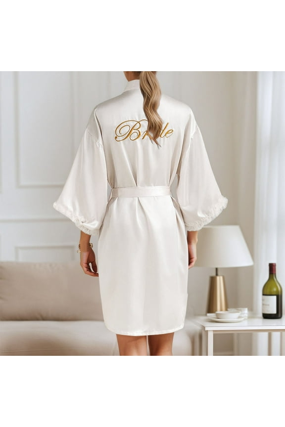 Women's Wedding Party Robe Letters Kimono Satin Pyjamas Bridesmaid Bathrobe Women Robe Satin Spa Robe Womens Towel Wrap after Shower Short Zipper Robes for Women Womens Shawls with Pockets