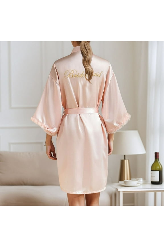 Women's Wedding Party Robe Letters Kimono Satin Pyjamas Bridesmaid Bathrobe plus Size Kimonos for Women 4x-5x after Shower Wrap around Towel Womens Light Weight Robe Soft Robes Shower Robes