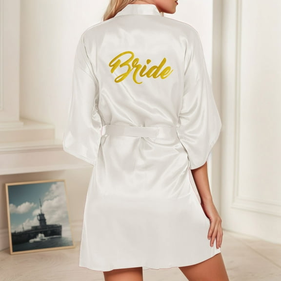 Hauaitttt Women's Wedding Party Robe Letters Kimono Satin Pyjamas Bridesmaid Bathrobe plus Size Thin Robes for Women Long Ladies Dressing Gown Robe Robe Womens plus Size Bathrobe Towel Womens Robes