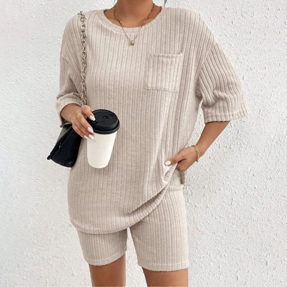 Hauaitttt Womens 2 Piece Outfits Ribbed Short Sleeve Top and Shorts 2 Piece Loungewear Outfits with Pockets Swim Short Bottoms for Women Swimming Trunks for Women Womens Swimming Suits Swimming Suit