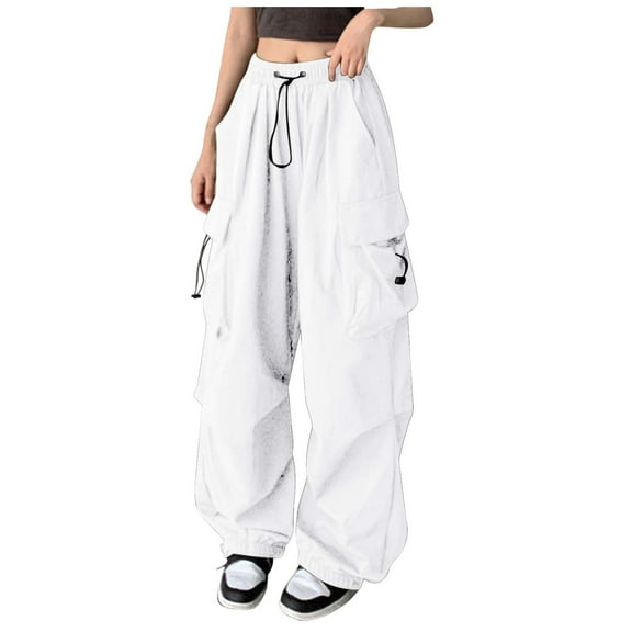 Hauaitttt Womens Baggy Cargo Solid Color Pants Streetwear Hop Joggers Sweatpants Drawstring Casual Loose Wide Leg Trousers Business Casual Dress Pants for Women Womens Pants Casual Work Poly Women s