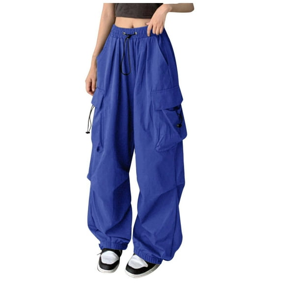 Hauaitttt Womens Baggy Cargo Solid Color Pants Streetwear Hop Joggers Sweatpants Drawstring Casual Loose Wide Leg Trousers plus Size Womens Casual Pants Casual Pant Suits for Women Velour Lady