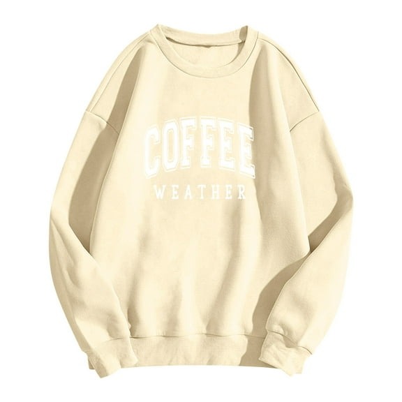 Hauaitttt Womens COFFEE WEATHER Letter Print Sweatshirts Long Sleeve Round Neck Shirts Loose Pullover Blouses Fall Casual Tops Beach Hoodies Women High Neck Hoodies Women Knit Tunic Tops Women Hoodie