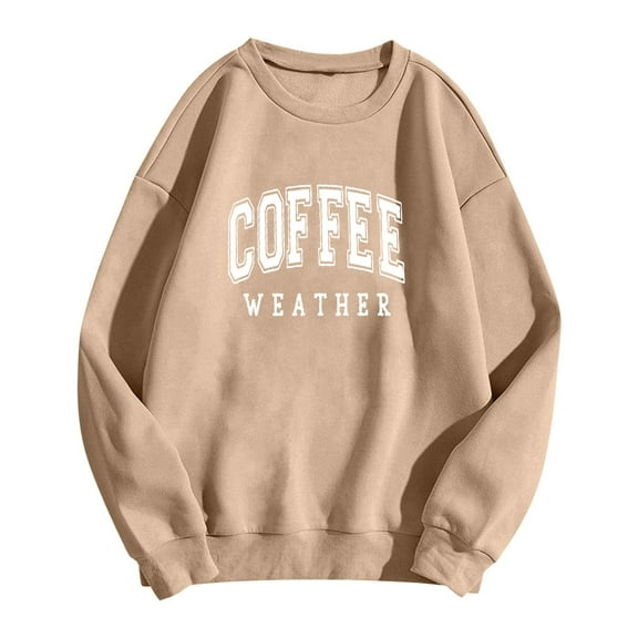Hauaitttt Womens COFFEE WEATHER Letter Print Sweatshirts Long Sleeve Round Neck Shirts Loose Pullover Blouses Fall Casual Tops Beach Hoodies Women High Neck Hoodies Women Knit Tunic Tops Women Hoodie