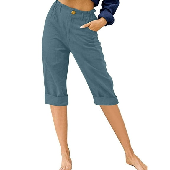 Hauaitttt Womens Capri Pants Summer Trendy Casual Elastic Waist Cropped Trouser Fashion Resort Wear Beach Vacation Capris Clothes Pants with Pockets for Women Casual Womens Casual Pants Elastic Waist
