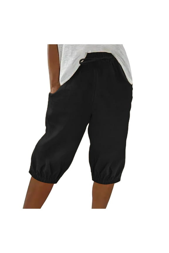 Womens Fashion Solid Large Pocket Elastic Casual Pants Pocket Capris Peg Pants with Tie Pants with Pockets for Women Casual Womens Linen Beach Pants Straight Leg Sweatpants Summer Pants for