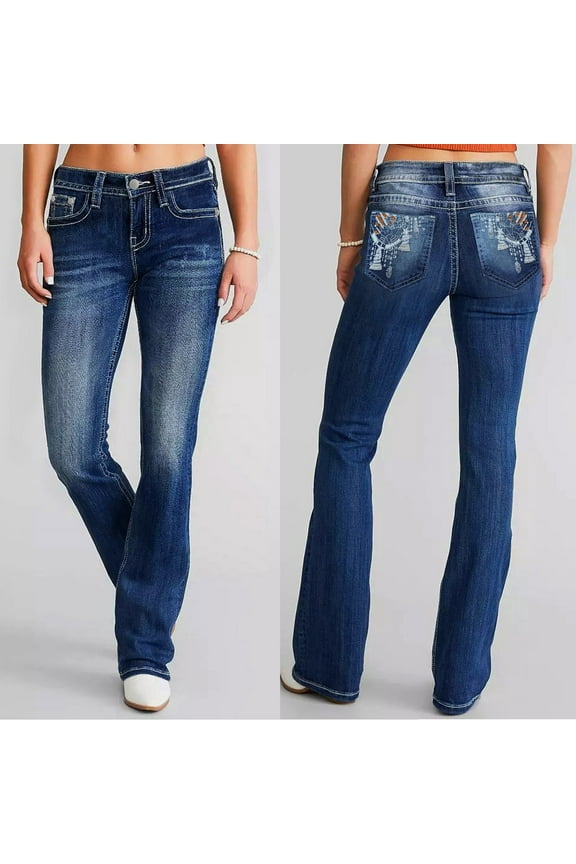 Womens Jeans Mid Waisted Slim Flared Pants Women's Bootcut Mid Rise Insta Stretch Juniors Jeans with Patch Pockets Cargo Jean Pants for Women Denim Pants Jean Pants for Women Long Denim