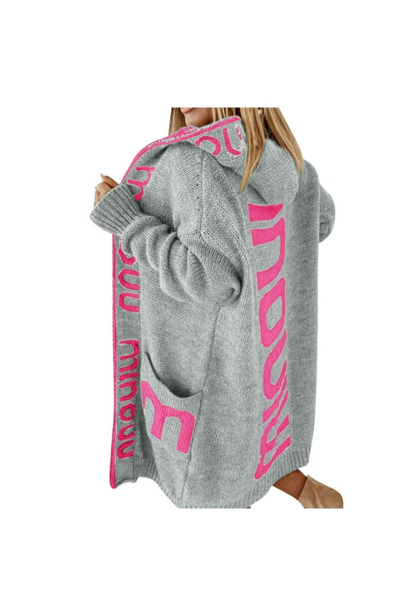 Womens Letter Print Knit Cardigan Buttonless Hoodie Casual Loose Sweater Jacket Open Long Sleeve for Women Juniors Long Coat Long Cardigan for Women Juniors Long Jackets Open Front Knit