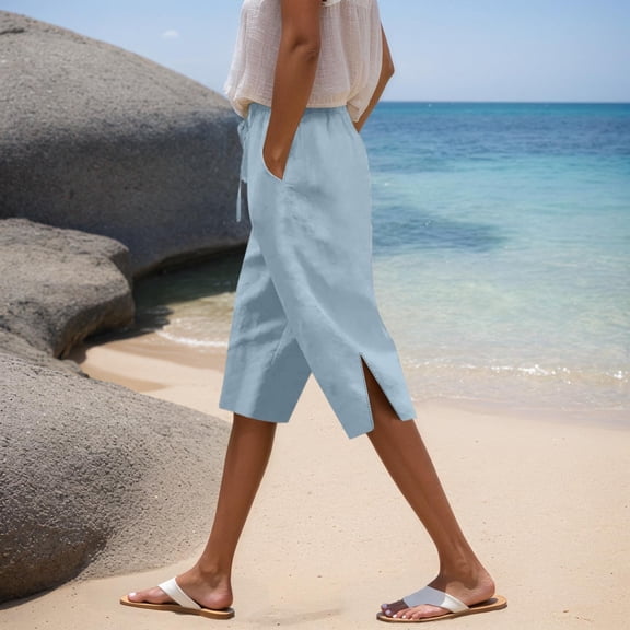Hauaitttt Womens Linen Pants Capris Summer Beach Cropped Trousers Drawstring Side Split Casual Ladies Pant for Vacation Womens Flax Pants Womens on Pants Casual Work Womens Casual Business Attire
