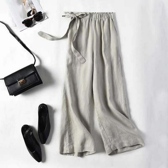 Hauaitttt Womens Linen Pants Casual Loose Wide Leg Pants Elastic Waist Palazzo Pants Trousers with Pockets Womens Cargo Pants with Pockets plus Size Casual Pants Rompers for Women Casual Dress Pants