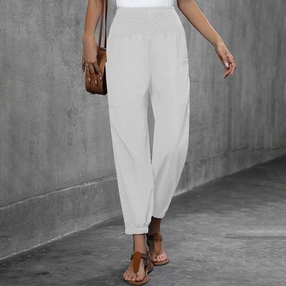 Hauaitttt Womens Linen Wide Leg Pants Casual Loose Elastic Waisted Barrel Beach Palazzo Pants with Pockets Casual Dress Pants for Women Summer Womens Casual Pants Petite Casual Two Piece Outfits for