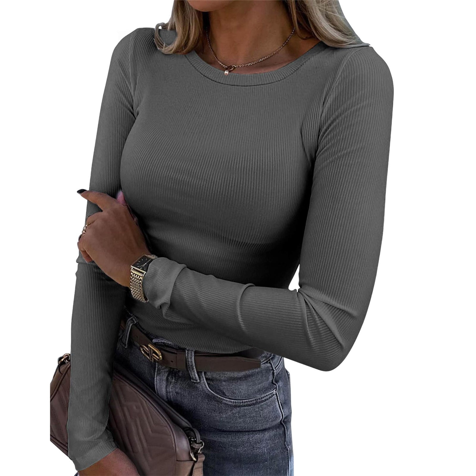 Hauaitttt Womens Long Sleeve Stretch Crewneck Ribbed T Shirt Fitted ...