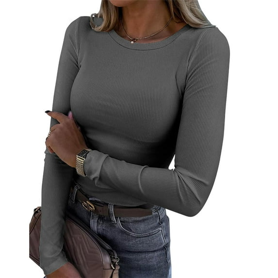 Hauaitttt Womens Long Sleeve Stretch Crewneck Ribbed T Shirt Fitted Casual Basic Tops Women's Shirts Exercise Wear Women Long Sleeves T Shirts for Women Shirt for Juniors Women Shirts Size Medium