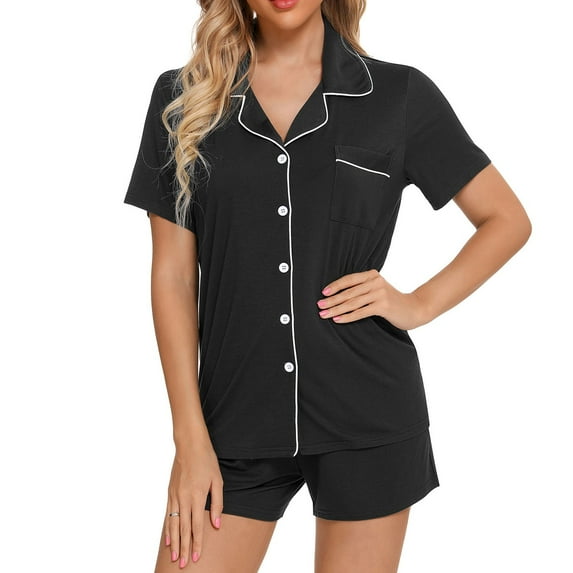 Hauaitttt Womens Pajamas Set Short Sleeve Sleepwear Button Down Nightwear Shorts Soft Home Wear Sets Sleep Tops for Women Top and Shorts Set Women Women Shorts Pajamas Set Women Pajamas Womens Silk