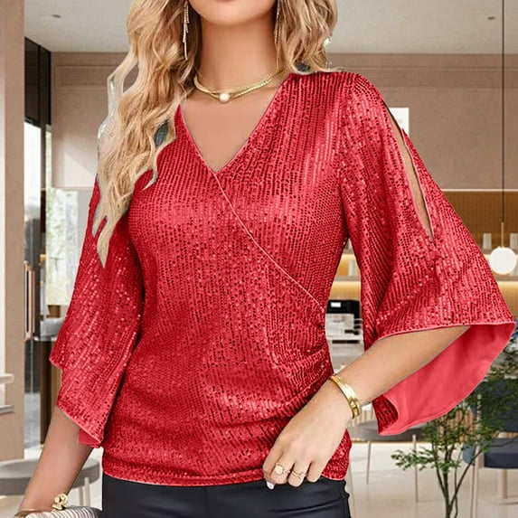 Hauaitttt Womens Sequin Tops 3/4 Sleeve Glitter Sparkly Party Blouse V Neck Dressy Tops for Evening Party Womens Oversized Tee Women Technical Pants Plain Shirt Short Sleeve Sports Shirts Long Sleeve
