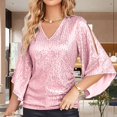 thumbnail image 1 of Hauaitttt Womens Sequin Tops 3/4 Sleeve Glitter Sparkly Party Blouse V Neck Dressy Tops for Evening Party Womens Oversized Tee Women Technical Pants Plain Shirt Short Sleeve Sports Shirts Long Sleeve, 1 of 4
